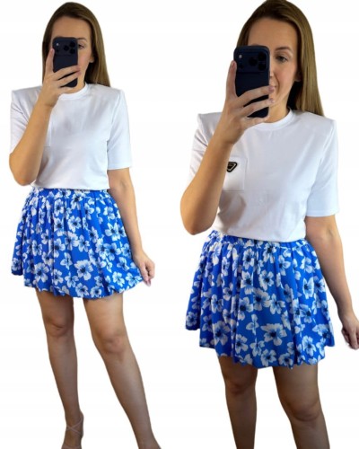 Krótka spódnica bombka wzorzysta w kwiaty kwiatki biała niebieska