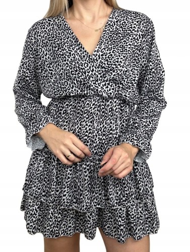 Krótka sukienka falbanki kopertowy dekolt panterka cętki rękawy S M L