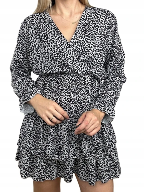 Krótka sukienka falbanki kopertowy dekolt panterka cętki rękawy S M L