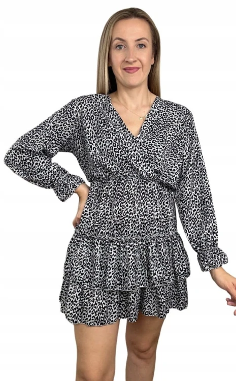 Krótka sukienka falbanki kopertowy dekolt panterka cętki rękawy S M L