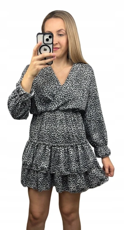 Krótka sukienka falbanki kopertowy dekolt panterka cętki rękawy S M L