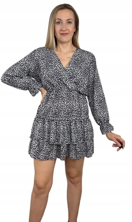 Krótka sukienka falbanki kopertowy dekolt panterka cętki rękawy S M L