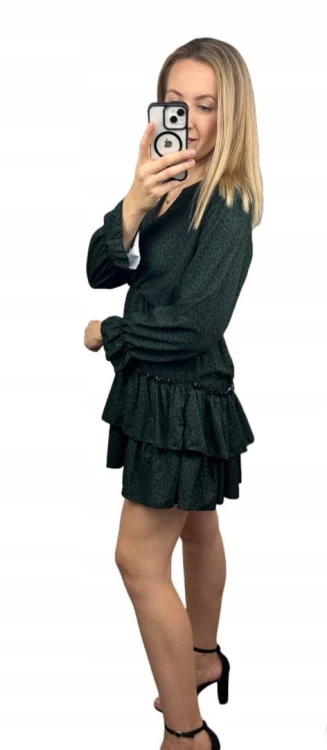 Krótka sukienka falbanki kopertowy dekolt panterka cętki rękawy S M L