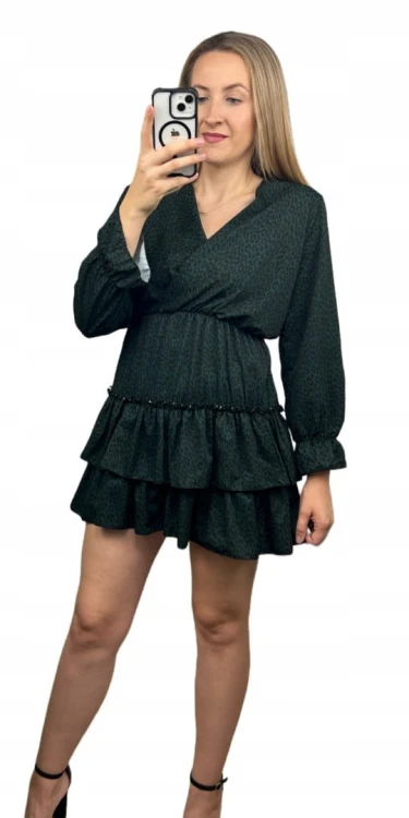 Krótka sukienka falbanki kopertowy dekolt panterka cętki rękawy S M L