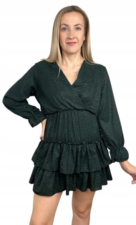 Krótka sukienka falbanki kopertowy dekolt panterka cętki rękawy S M L
