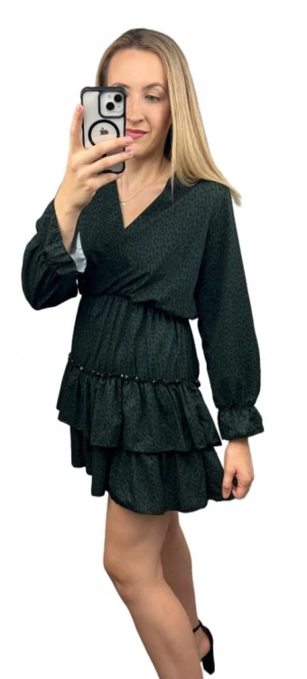 Krótka sukienka falbanki kopertowy dekolt panterka cętki rękawy S M L