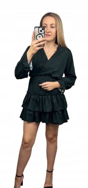 Krótka sukienka falbanki kopertowy dekolt panterka cętki rękawy S M L