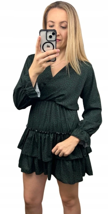 Krótka sukienka falbanki kopertowy dekolt panterka cętki rękawy S M L