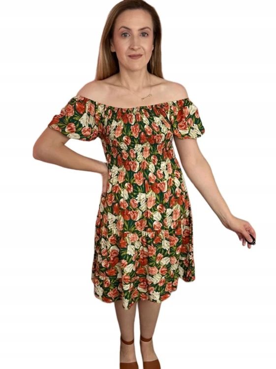 Krótka sukienka hiszpanka kwiaty luźna falbanka kwiatki bawełna wiskoza M/L