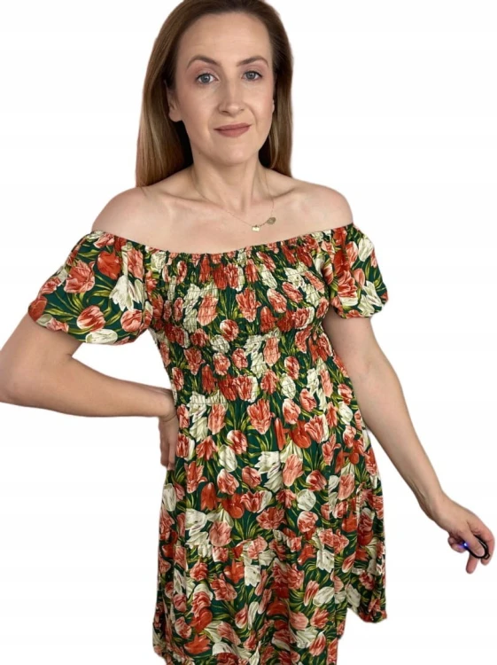 Krótka sukienka hiszpanka kwiaty luźna falbanka kwiatki bawełna wiskoza M/L