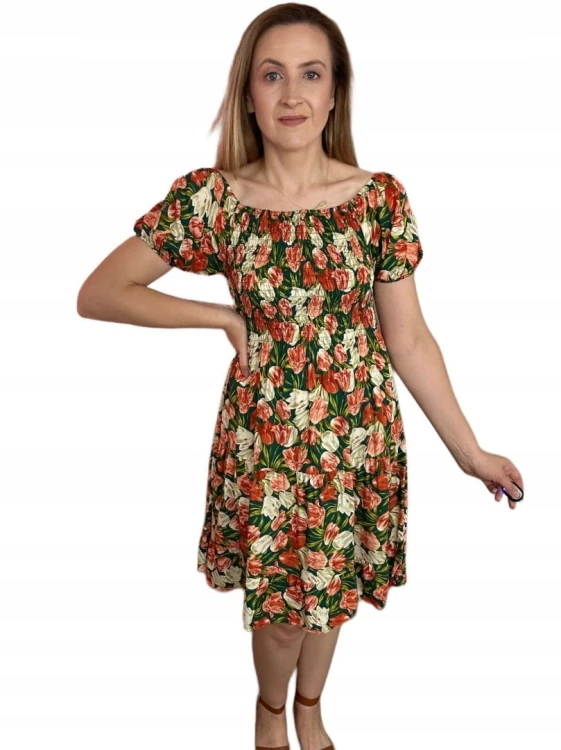 Krótka sukienka hiszpanka kwiaty luźna falbanka kwiatki bawełna wiskoza M/L