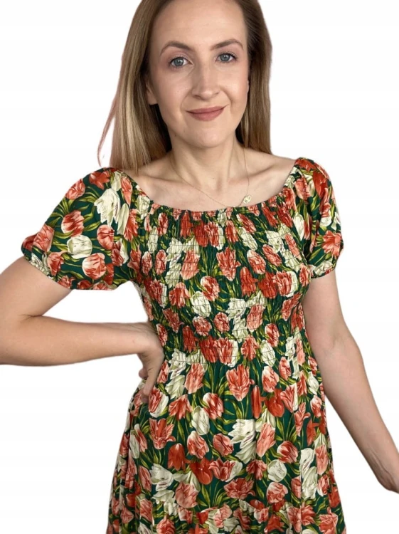 Krótka sukienka hiszpanka kwiaty luźna falbanka kwiatki bawełna wiskoza M/L