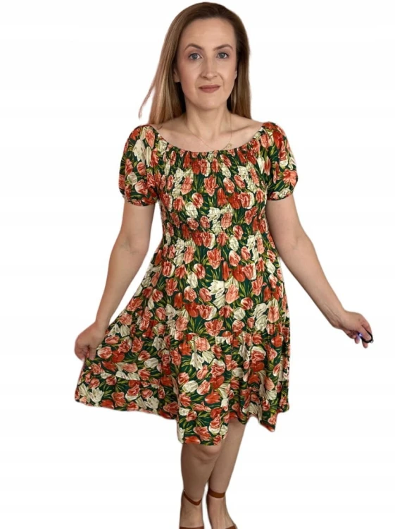 Krótka sukienka hiszpanka kwiaty luźna falbanka kwiatki bawełna wiskoza M/L