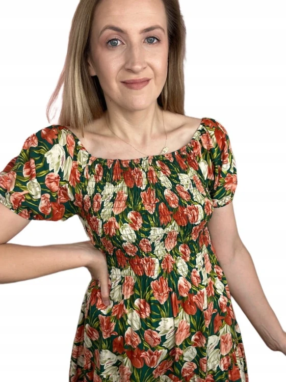 Krótka sukienka hiszpanka kwiaty luźna falbanka kwiatki bawełna wiskoza M/L