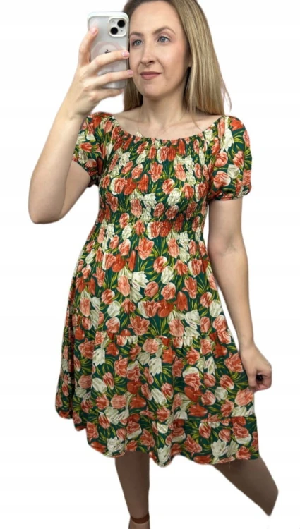 Krótka sukienka hiszpanka kwiaty luźna falbanka kwiatki bawełna wiskoza M/L