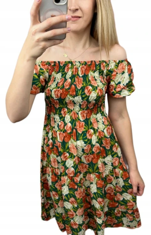 Krótka sukienka hiszpanka kwiaty luźna falbanka kwiatki bawełna wiskoza M/L