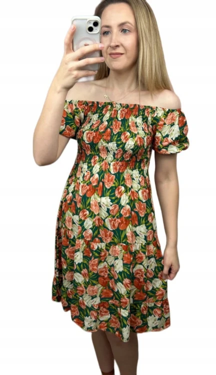 Krótka sukienka hiszpanka kwiaty luźna falbanka kwiatki bawełna wiskoza M/L