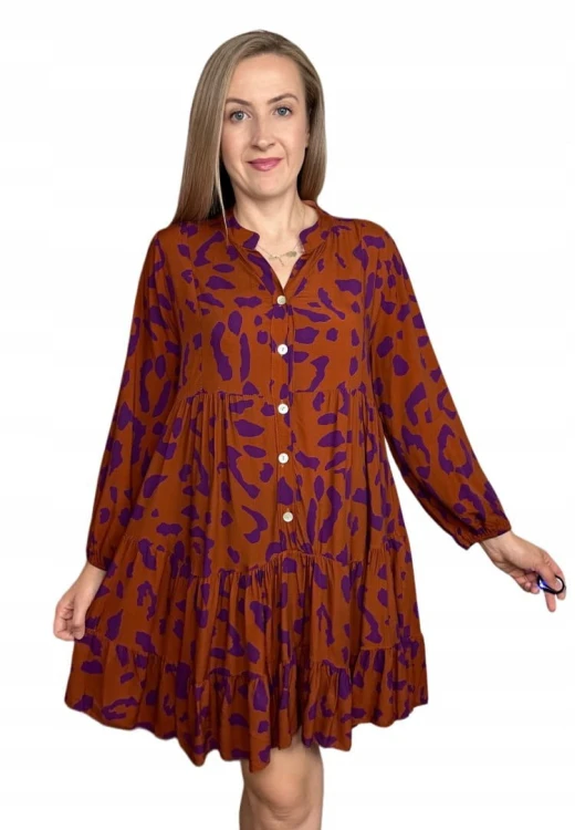 Krótka sukienka koszulowa długie rękawy guziki wzorzysta panterka S M L