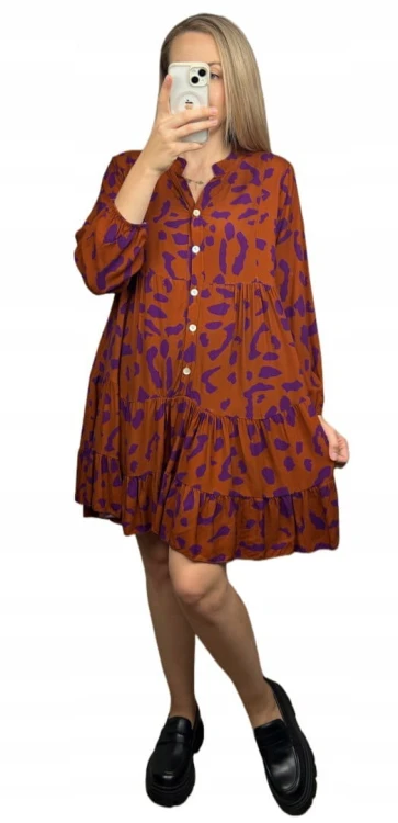 Krótka sukienka koszulowa długie rękawy guziki wzorzysta panterka S M L