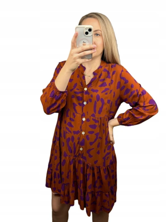 Krótka sukienka koszulowa długie rękawy guziki wzorzysta panterka S M L