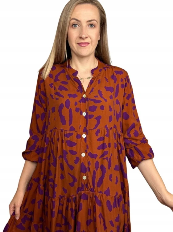 Krótka sukienka koszulowa długie rękawy guziki wzorzysta panterka S M L