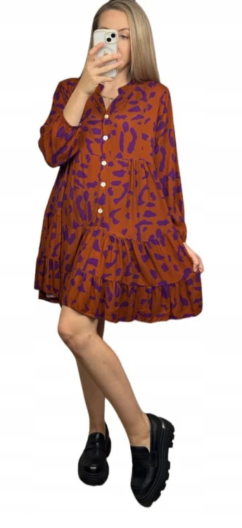 Krótka sukienka koszulowa długie rękawy guziki wzorzysta panterka S M L