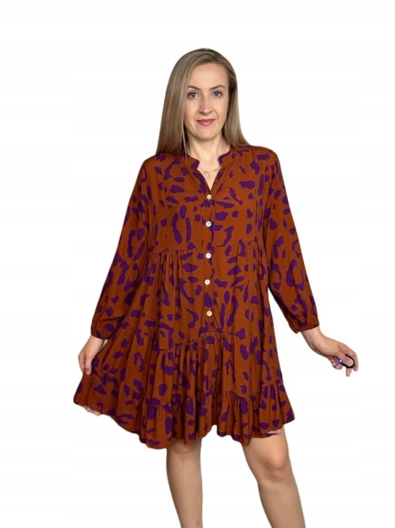 Krótka sukienka koszulowa długie rękawy guziki wzorzysta panterka S M L