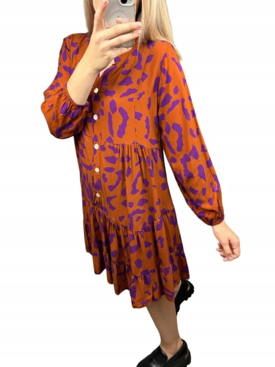 Krótka sukienka koszulowa długie rękawy guziki wzorzysta panterka S M L