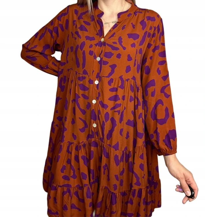Krótka sukienka koszulowa długie rękawy guziki wzorzysta panterka S M L