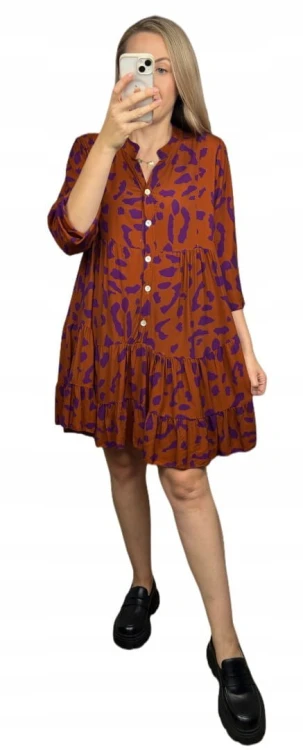 Krótka sukienka koszulowa długie rękawy guziki wzorzysta panterka S M L