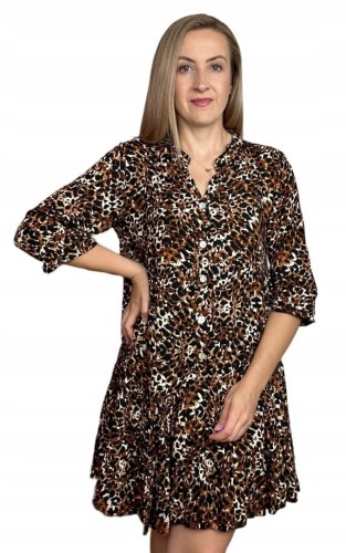 Krótka sukienka koszulowa długie rękawy guziki wzorzysta panterka S M L