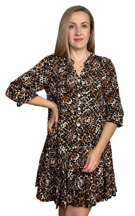 Krótka sukienka koszulowa długie rękawy guziki wzorzysta panterka S M L