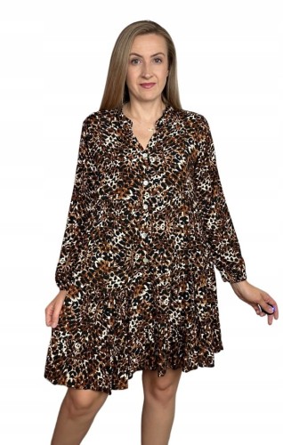 Krótka sukienka koszulowa długie rękawy guziki wzorzysta panterka S M L