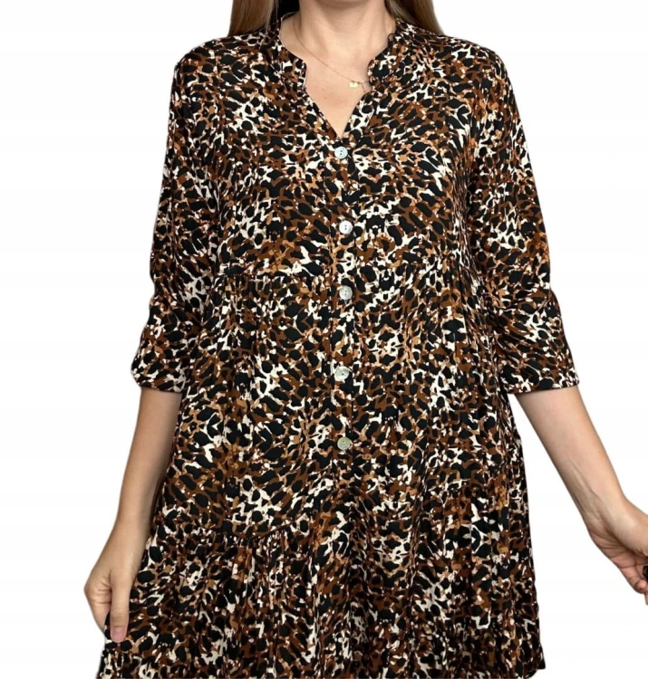 Krótka sukienka koszulowa długie rękawy guziki wzorzysta panterka S M L