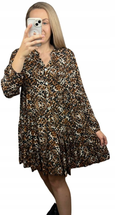 Krótka sukienka koszulowa długie rękawy guziki wzorzysta panterka S M L