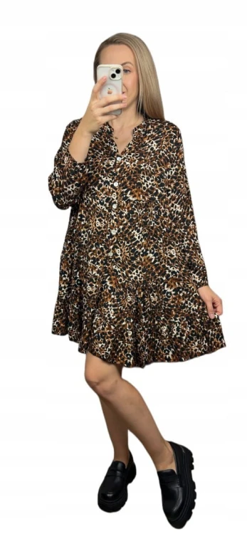 Krótka sukienka koszulowa długie rękawy guziki wzorzysta panterka S M L