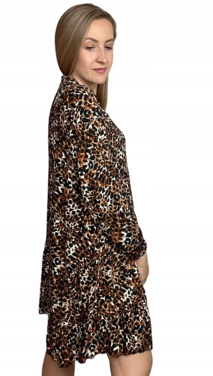 Krótka sukienka koszulowa długie rękawy guziki wzorzysta panterka S M L