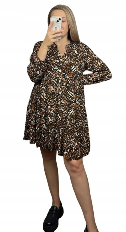 Krótka sukienka koszulowa długie rękawy guziki wzorzysta panterka S M L