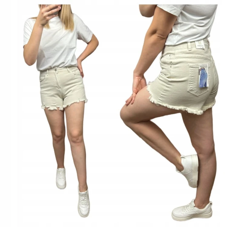 Krótkie spodenki damskie szorty przetarcia dziury beżowe M. Sara XS