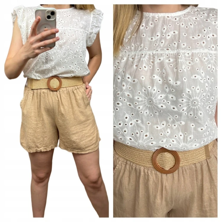 Krótkie spodenki luźne wiskoza len pasek beżowe wyższy stan S M L