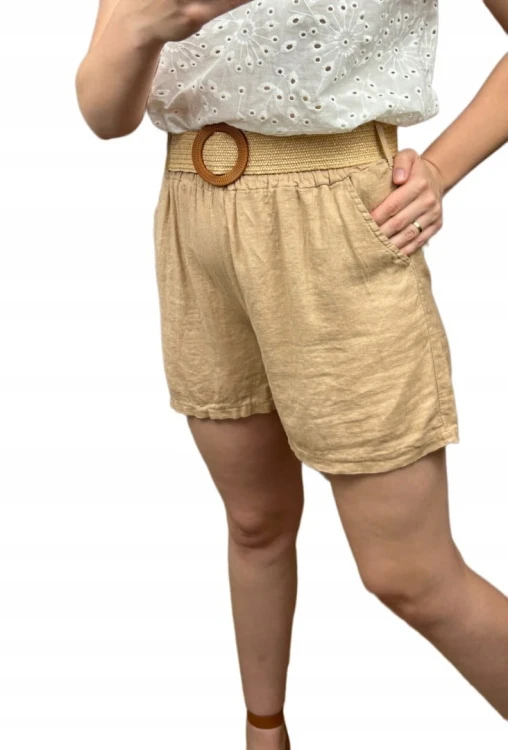 Krótkie spodenki luźne wiskoza len pasek beżowe wyższy stan S M L