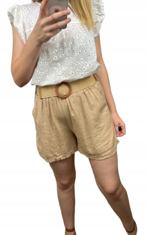 Krótkie spodenki luźne wiskoza len pasek beżowe wyższy stan S M L