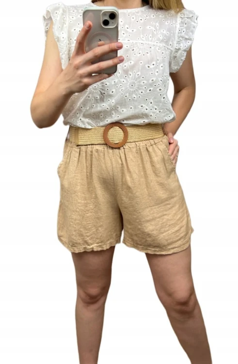 Krótkie spodenki luźne wiskoza len pasek beżowe wyższy stan S M L
