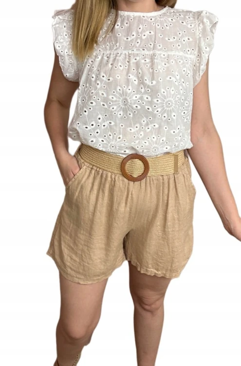 Krótkie spodenki luźne wiskoza len pasek beżowe wyższy stan S M L