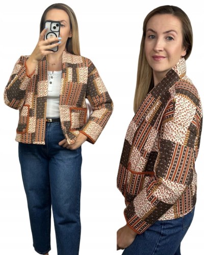 Kurtka narzutka pikowana w kwiaty panterkę boho brązowa ruda kieszenie WIYA- BOHO PATCHWORK