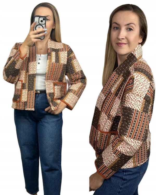 Kurtka narzutka pikowana w kwiaty panterkę boho brązowa ruda kieszenie WIYA- BOHO PATCHWORK