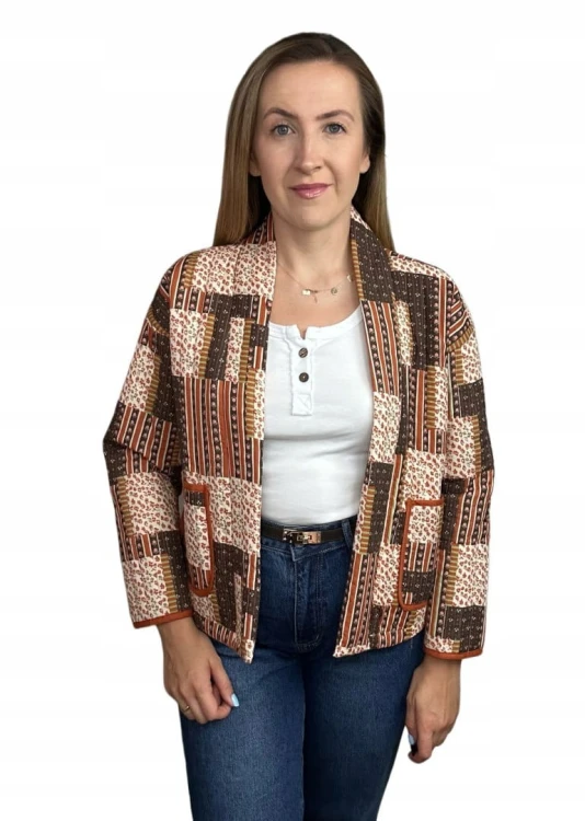 Kurtka narzutka pikowana w kwiaty panterkę boho brązowa ruda kieszenie WIYA- BOHO PATCHWORK