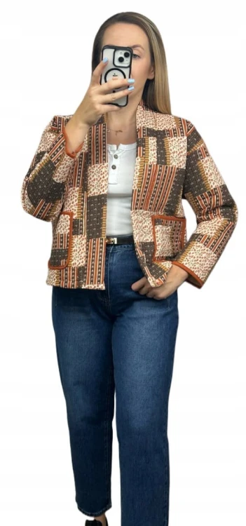 Kurtka narzutka pikowana w kwiaty panterkę boho brązowa ruda kieszenie WIYA- BOHO PATCHWORK