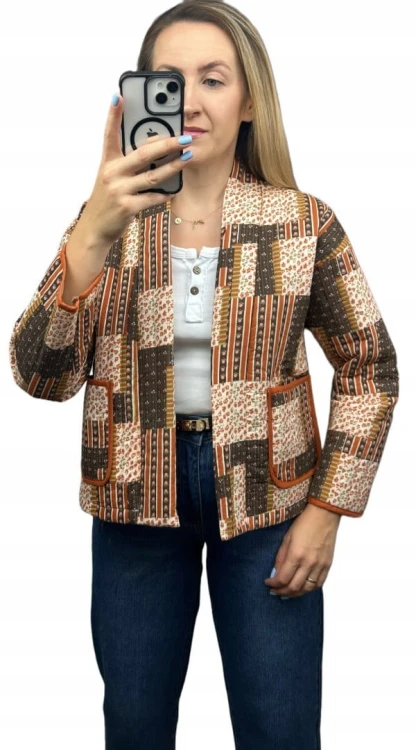 Kurtka narzutka pikowana w kwiaty panterkę boho brązowa ruda kieszenie WIYA- BOHO PATCHWORK