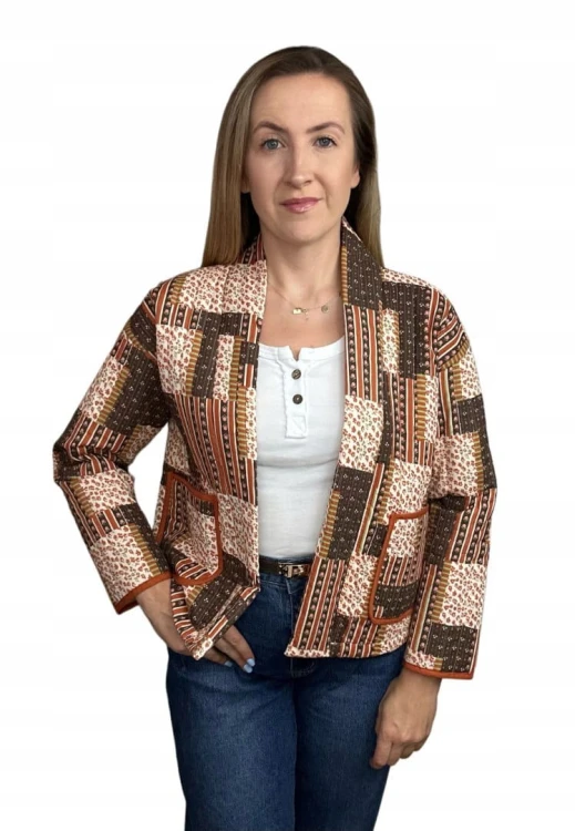 Kurtka narzutka pikowana w kwiaty panterkę boho brązowa ruda kieszenie WIYA- BOHO PATCHWORK